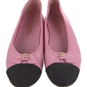 Chanel Pink and Black Cap-Toe Bow Leather Ballet Flats